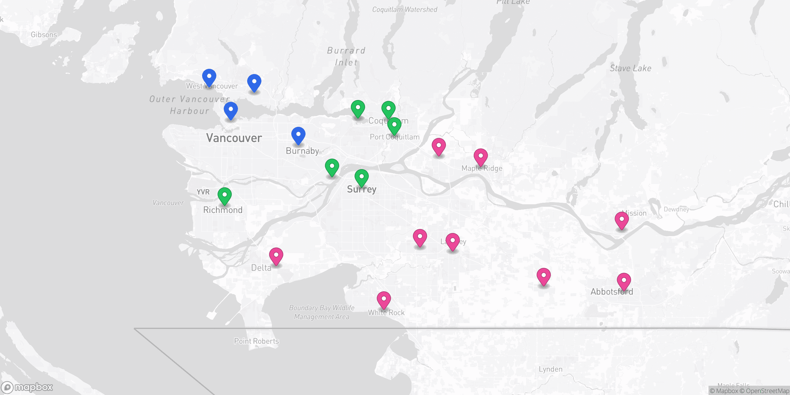 Greater Vancouver service area map showing 19 cities across 3 PostHaus zones